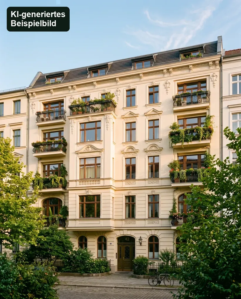 Sonniges, saniertes Altbau-Wohnhaus mit Balkonpflanzen, KI-generiertes Beispielbild